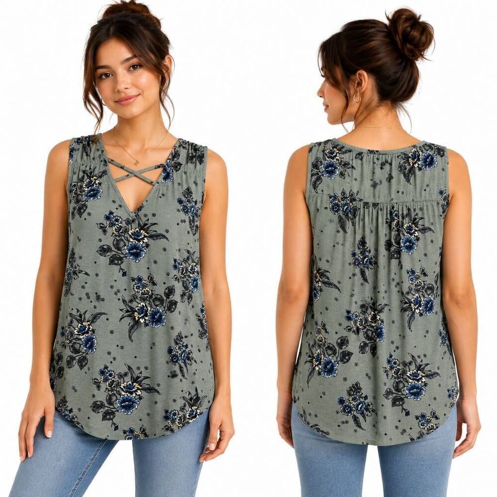 Maurices XS Floral Criss Cross Tank Top Blue Gray